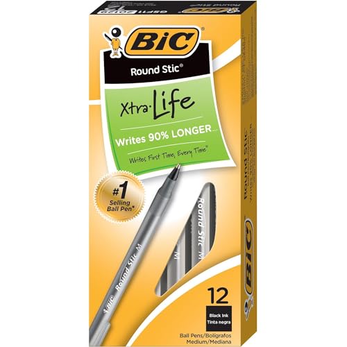 BIC Round Stic Xtra Life Ballpoint Pen, Medium Point (1.0mm), Black, 12-Count