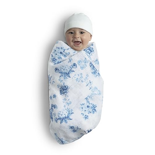 Delta Children 100% Cotton Muslin Baby Receiving Blankets for Girls and Boys – 47x47 Inches (Pack of 4), Blue Botanicals