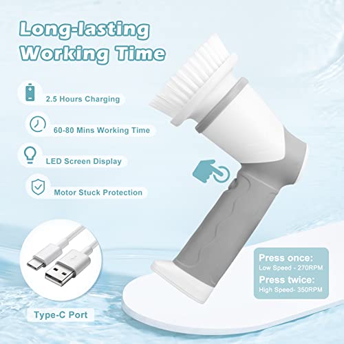 Electric spin scrubber,electric Spin Cleaning Brush IPX7 Waterproof with 6 Replaceable Brush Heads Dual Speed Led Display,Cordless Power Spin Scrubber for Bathroom/Floor/Tile/Tub/Kitchen/Stove/Car