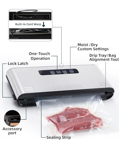 KURSINNA Automatic Vacuum Sealer Machine 90Kpa, Stainless Steel Food Sealer for Food Storage and Sous-Vide, Dry/Moist Mode Air Vacuum Sealing System (VS2350+Bags+Rolls)