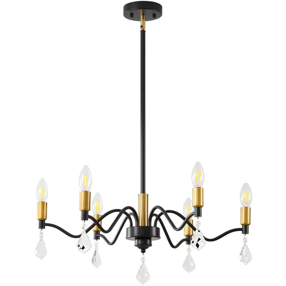 6-Light Black and Gold Chandelier with Crystal Decoration - Perfect for Farmhouse and Dining Room Lighting Fixtures
