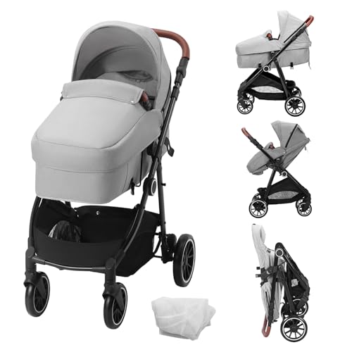VEVOR Standard Baby Stroller, Infant Toddler Stroller with Bassinet, 3rd-Gear Adjustable Backrest & Foldable & Reversible Seat, Carbon Steel Newborn Stroller with Leg Cover and Mesh Net, Light Grey