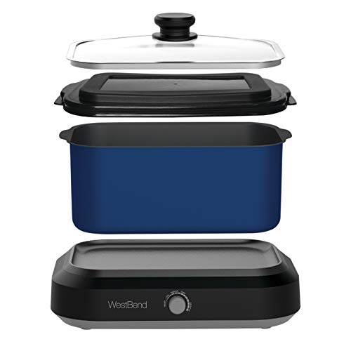 West Bend 87905B Slow Cooker Large Capacity Non-stick Vessel with Variable Temperature Control Includes Travel Lid and Thermal Carrying Case, 5-Quart, 760 watts, Blue