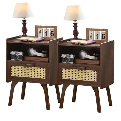 2 Pack Rattan Nightstands with Drawer and Shelf