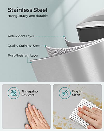 SONGMICS Slim Trash Can, 12.7 Gallon Garbage Can for Narrow Spaces with Soft-Close Lid, Inner Bucket, and Step-on Pedal, Stainless Steel, 15 Trash Bags Included, Silver ULTB510E48