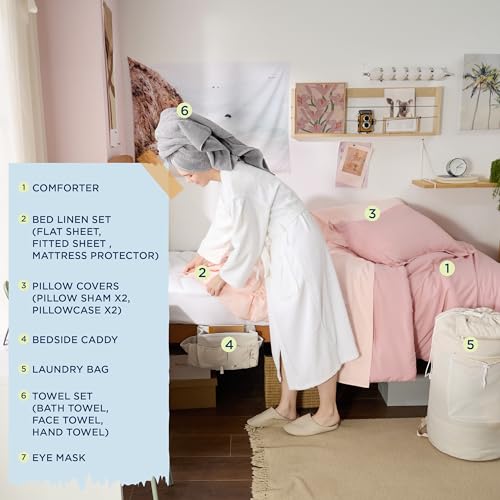 Bedsure Twin XL Comforter Set for College - 14 PCS Pink Dorm Bed Set, Bed in a Bag with Comforter, College Linens, Pillowcase & Sham, Towel, Mattress Protector, Bedside Caddy, Laundry Bag and Eye Mask