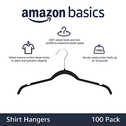 Amazon Basics Slim, Velvet, Non-Slip Shirt Clothes Hangers, Black/Silver - Pack of 100