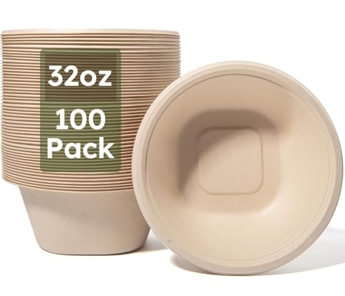 100 Pack 32 Oz Compostable Disposable Paper Bowls
