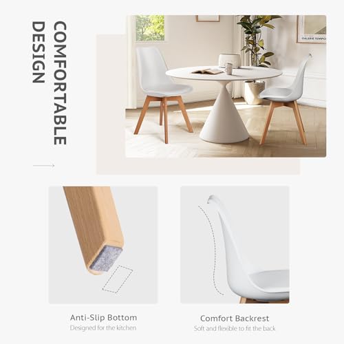 edx Dining Chairs Set of 4, Mid Century Modern White Dining Room Kitchen Chairs with PU Leather Cushion and Wood Legs for Home, Living Room, Bedroom, Lounge