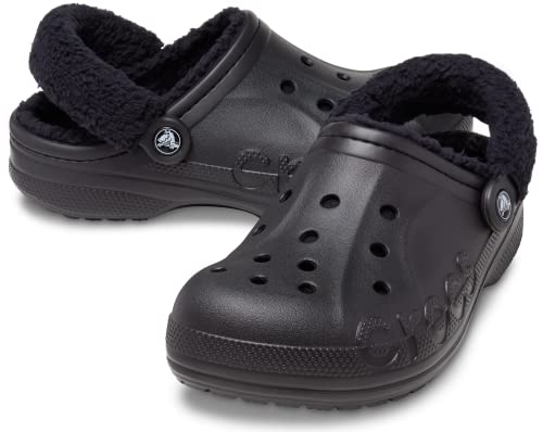 Crocs Unisex-Adult Baya Lined Fuzz Strap Clogs, Black/Black, 11 US