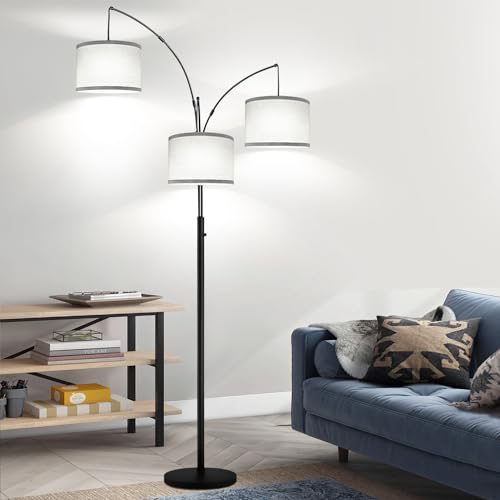Dimmable Floor Lamp, 3 Lights Arc Floor Lamps for Living Room, Modern Tall Standing Tree Lamp with Gray Linen Shade & Heavy Base, Large Floor Lamp for Bedroom Office, 3x1000 LM LED Bulbs Included