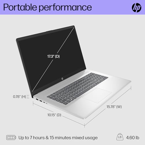 HP 17.3 inch Laptop, HD+ Display, Intel Core 3 100U, 8 GB RAM, 256 GB SSD, Intel Graphics, Windows 11 Home, 17-cn4010nr (2024)