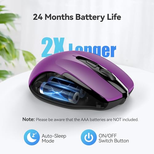 TECKNET Wireless Mouse, 2.4G Ergonomic Optical Mouse, Computer Mouse for USB-A Laptop, PC, Computer, Chromebook, Notebook, 6 Buttons, 24 Months Battery Life - Purple