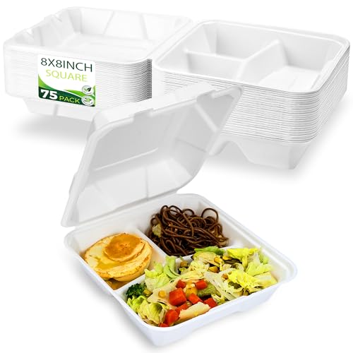 75 Pack Compostable 3-Compartment Clamshell Takeout Containers