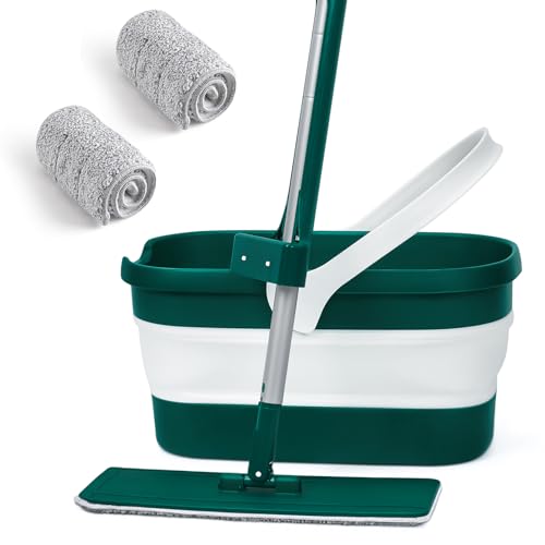 Flat Mop and Collapsible Bucket with 2 Replacement Pads