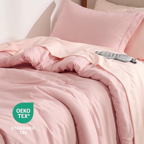 Bedsure Twin XL Comforter Set for College - 14 PCS Pink Dorm Bed Set, Bed in a Bag with Comforter, College Linens, Pillowcase & Sham, Towel, Mattress Protector, Bedside Caddy, Laundry Bag and Eye Mask