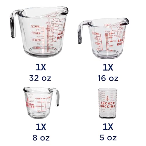 Anchor Hocking Glass Measuring Cups, 4 Piece Set (5 Ounce, 1 Cup, 2 Cup, 4 Cup liquid measuring cups)