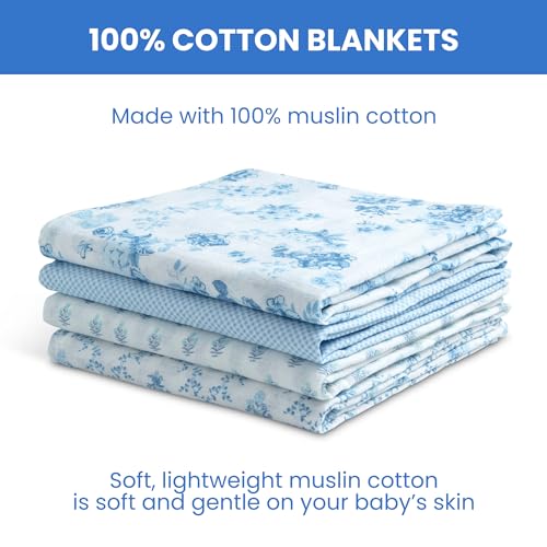 Delta Children 100% Cotton Muslin Baby Receiving Blankets for Girls and Boys – 47x47 Inches (Pack of 4), Blue Botanicals