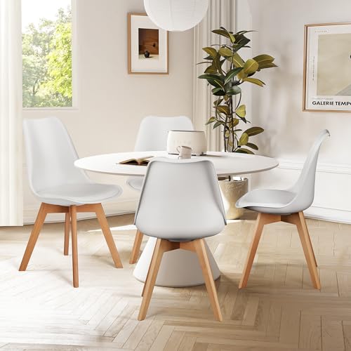 edx Dining Chairs Set of 4, Mid Century Modern White Dining Room Kitchen Chairs with PU Leather Cushion and Wood Legs for Home, Living Room, Bedroom, Lounge