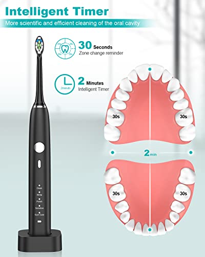 HUACO CARE Sonic Electric Toothbrush,5 Modes 3 Intensities with 2 Minutes Timer,One Charge for 90 Days,Wireless Fast Charge with 4 Replacement Brush Heads for Adults and Kids Black