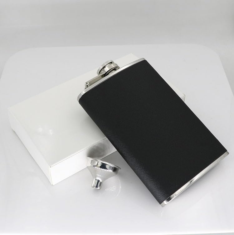 CNFLASK Black PU Leather Wrapped 8 Ounce Hip Flask 304 Stainless Steel Whiskey Flask (Black PU Leather, 8oz)