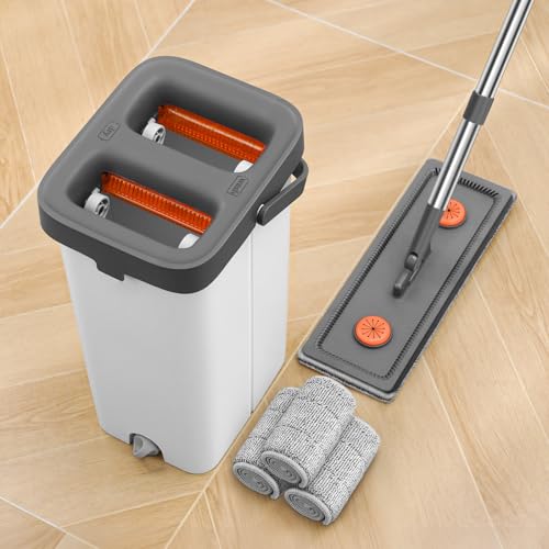 Flat Mop and Bucket Set with Wringer, 3 Pads