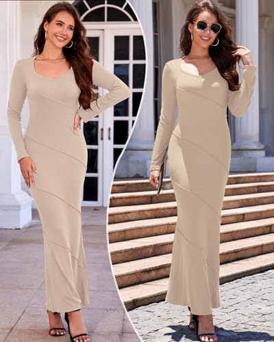 LUOFEN Women's Formal Bodycon Maxi Dress V Neck Long Sleeve Ribbed Knit Beveled Edge Casual Elegant Party Maxi Dresses Beige S