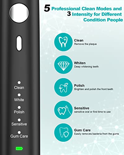 HUACO CARE Sonic Electric Toothbrush,5 Modes 3 Intensities with 2 Minutes Timer,One Charge for 90 Days,Wireless Fast Charge with 4 Replacement Brush Heads for Adults and Kids Black