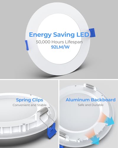 PAZZO 12 Pack 6 Inch LED Recessed Ceiling Light, 5000K Daylight 1100LM High Brightness, Dimmable Canless Wafer Downlight, ETL and Energy Star Certified, 12W, Junction Box Included