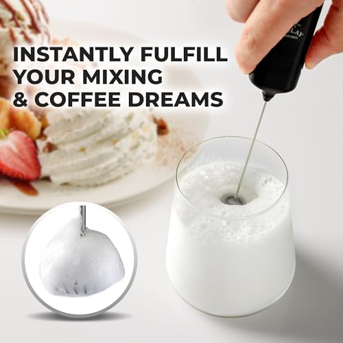 Powerful Handheld Milk Frother Wand - Electric Hand Mixer - Portable Frother Handheld for Coffee - Mini Froth Drink Mixer for Lattes, Cappuccino, Matcha, Hot Chocolate, Creamer - Black
