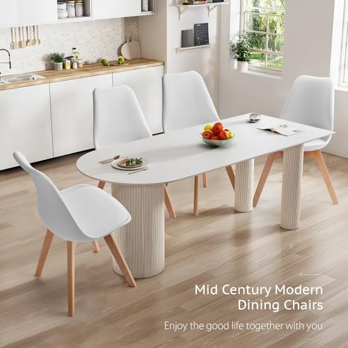 edx Dining Chairs Set of 4, Mid Century Modern White Dining Room Kitchen Chairs with PU Leather Cushion and Wood Legs for Home, Living Room, Bedroom, Lounge