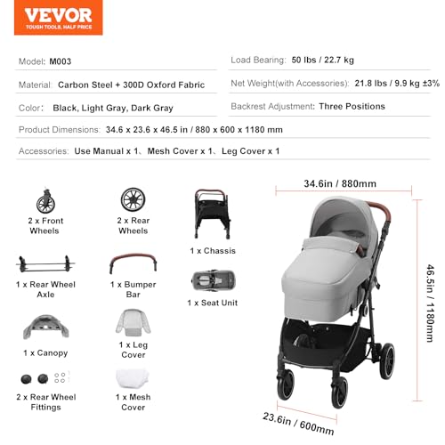 VEVOR Standard Baby Stroller, Infant Toddler Stroller with Bassinet, 3rd-Gear Adjustable Backrest & Foldable & Reversible Seat, Carbon Steel Newborn Stroller with Leg Cover and Mesh Net, Light Grey