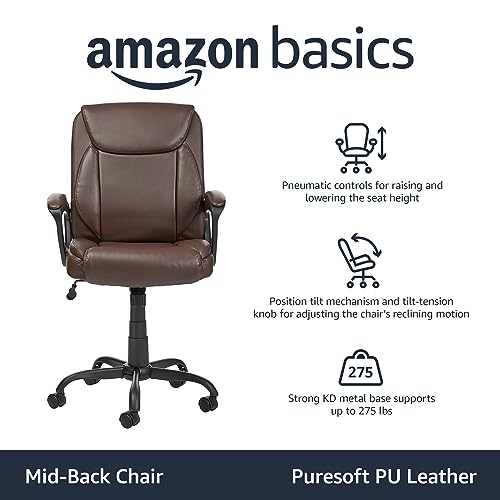 Amazon Basics Classic Puresoft PU Padded Mid-Back Office Computer Desk Chair with Armrest - Brown, 25.75"D x 24.25"W x 42.25"H
