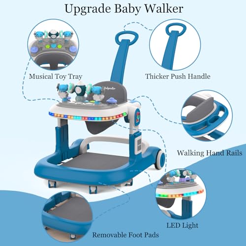 Baby Walker, Baby Walker with Wheels and LED Light, 4 in 1 Foldable Baby Walker, Adjustable Speed and 3 Height for Baby Girl and Baby Boy, Baby Walkers for Babies 6-18 Months
