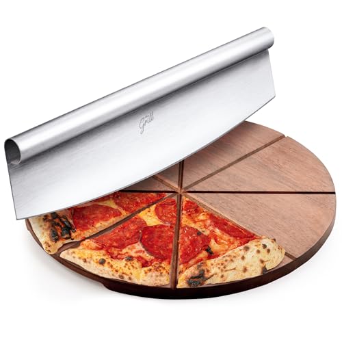Hans Grill Pizza Cutter and Round Serving Board Gift Set | Professional Stainless Steel Food Slicer with 13.5" Acacia Wooden Board | Perfect for Slicing and Serving Pies, Pizza, Cake and Cheese