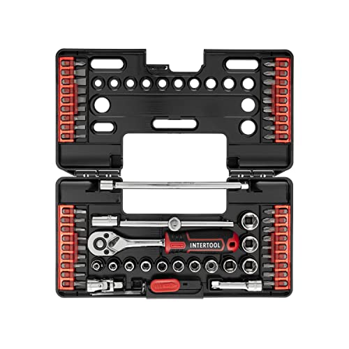 INTERTOOL 57-Piece Socket Wrench Set, 1/4” Drive, SAE & Metric, Bits & Sockets, High Strength Chrome Vanadium Steel VT08-3657
