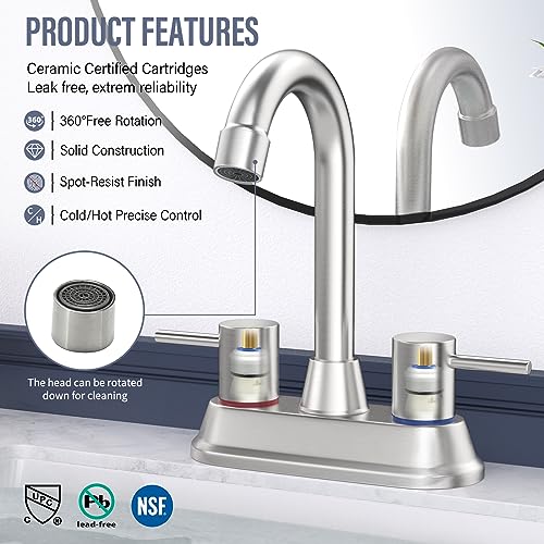 Bathroom Faucets for Sink 3 Hole, Brushed Nickel Bathroom Sink Faucet 4 Inch 2 Handle Centerset,360 Swivel Spout Faucet for Bathroom Sink 2-3 Hole RV Bathroom Vanity Sink,with Pop Up Drain