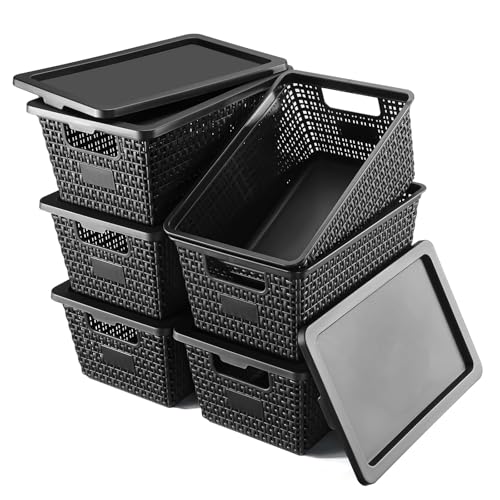 6 Pack Stackable Plastic Storage Baskets with Lids