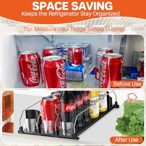 FUNYKICH Soda Can Dispenser for Refrigerator, Drink Organizer for Fridge with Automatic Pusher Glide, Width Adjustable, Self Pushing Fridge Drinks Organiser- Holds up to 15 Cans, 3 Rows, 9.9''Wx15''D