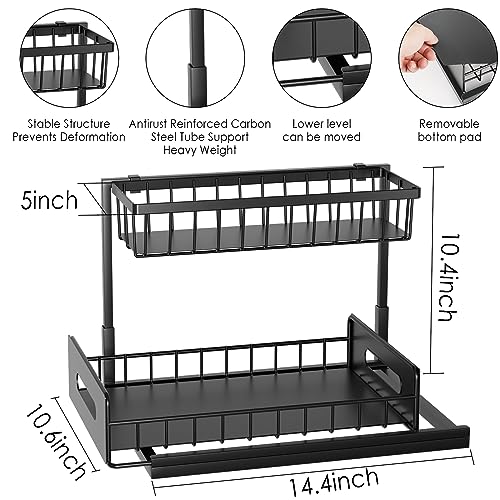 coastal rose Under Sink Organizer and Storage, 2 Tier Under Sink Cabinet Basket Storage Shelf with Sliding Drawers, Multi-Purpose Storage Shelf for Kitchen Bathroom,Black