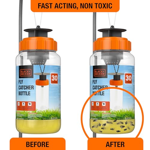 BLACK+DECKER Fly Trap & Fly Catcher Bottle- Outdoor Reusable Hanging Fly Trap with Natural Non-Toxic Bait Add Water to Catch House & Horse Flies in Garden, Backyard & Barn 30-Gram Trap
