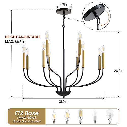 Gris Modern Chandelier, 12-Light Black and Gold Chandeliers Light Fixture, Classic Candle Chandelier for Bedroom, Foyer, Hall, Kitchen, Living Room and Entryway