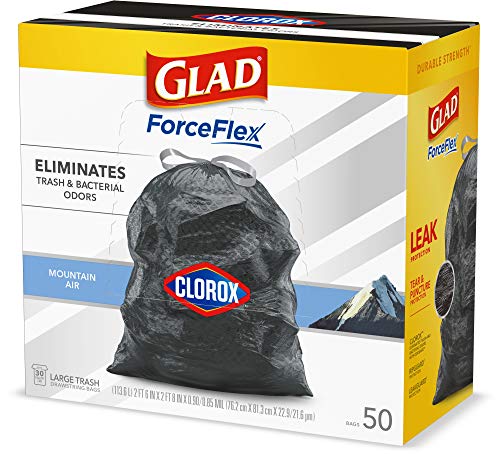 Glad Trash Bags, Large Drawstring Garbage Bags ForceFlex with Clorox, 30 Gallon Black Trash Bags, Mountain Air 50 Count (Package May Vary)
