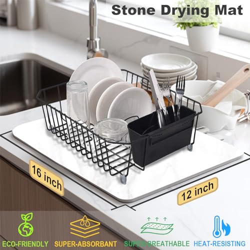 Stone Dish Drying Mat for Kitchen Counter, 16x12 inch Food Grade Diatomaceous Earth Ultra Absorbent Dish Mats, Quick Dry Pad for Bottles, Dishes,Cups and More (White Marble)