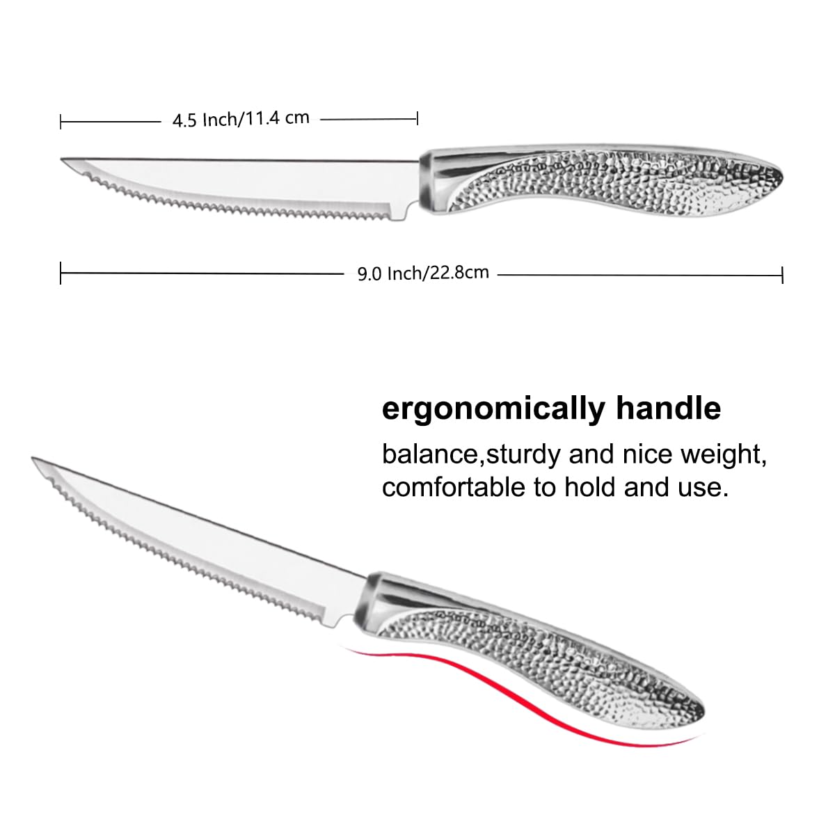 dearithe Steak Knives Set of 6, Stainless Steel Serrated Sharp Blade Steak Knife Set, Hammered Pattern Handle,4.5 In,For Kitchen Restaurant Tableware, Dishwasher Safe