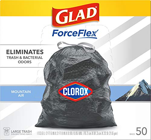 Glad Trash Bags, Large Drawstring Garbage Bags ForceFlex with Clorox, 30 Gallon Black Trash Bags, Mountain Air 50 Count (Package May Vary)