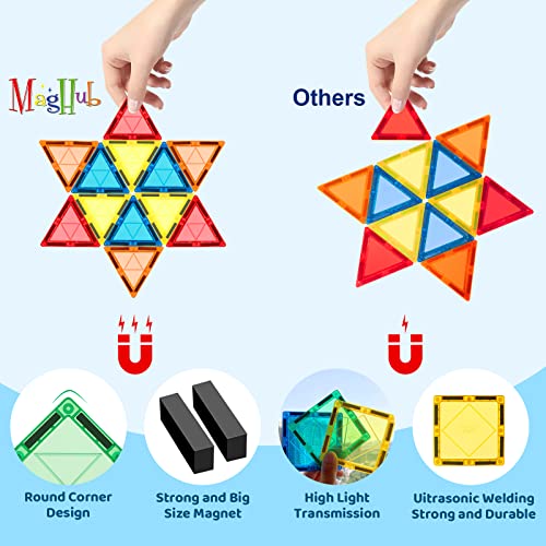 MagHub Magnetic Tiles 65 Piece Colorful Magnetic Blocks Set with car, Unique Clear 3D Magnetic Building Blocks for 3+ Years Old Boys and Girls, STEM Construction Preschool Magnets for Kids Toddlers
