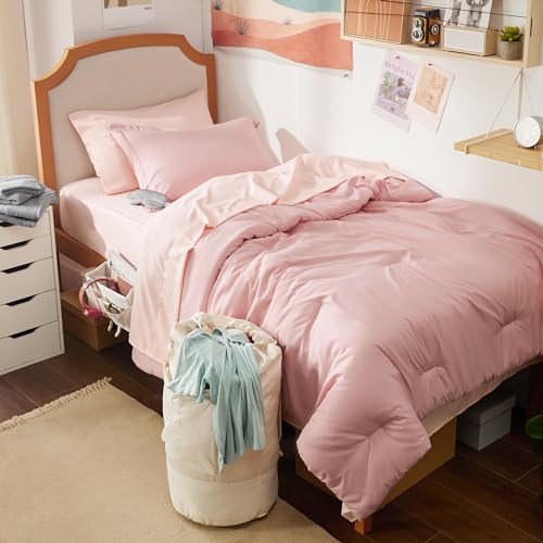 Bedsure Twin XL Comforter Set for College - 14 PCS Pink Dorm Bed Set, Bed in a Bag with Comforter, College Linens, Pillowcase & Sham, Towel, Mattress Protector, Bedside Caddy, Laundry Bag and Eye Mask
