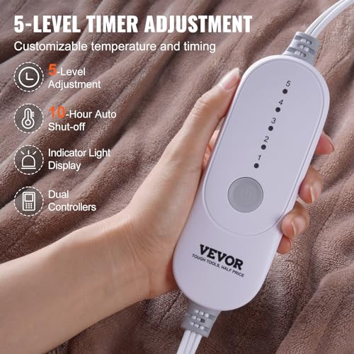 VEVOR Heated Blanket Electric Throw, 84" x 90" Queen Size, Soft Flannel Heating Blanket with 10 Hours Timer Auto-off & 5 Heating Levels, Dual Control, Machine Washable, ETL & FCC Certification (Beige)