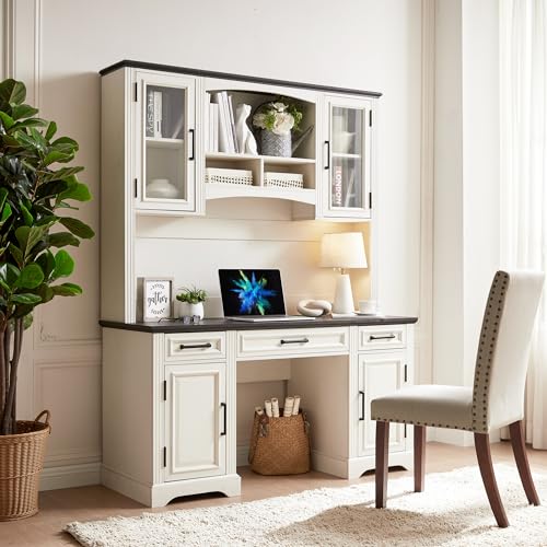 76" Computer Desk with Hutch, Drawers, Charging Station